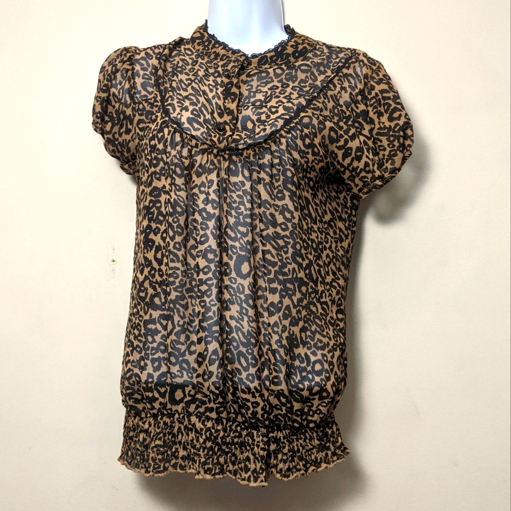 L8ter Leopard Print Sheer Short Sleeve Blouse L